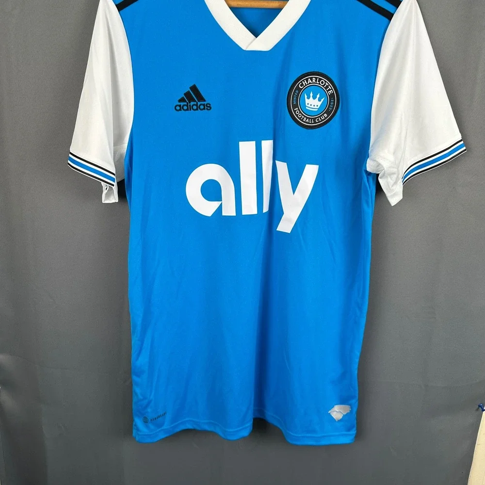 Adidas Charlotte FC Soccer Jersey Mens Medium Blue White Short Sleeve Ally Logo